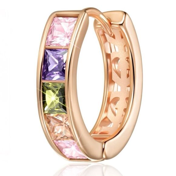 14K Rose Gold with Multicolored Cubic Zirconia Princess Cut Huggie Earrings - Picture 2 of 5